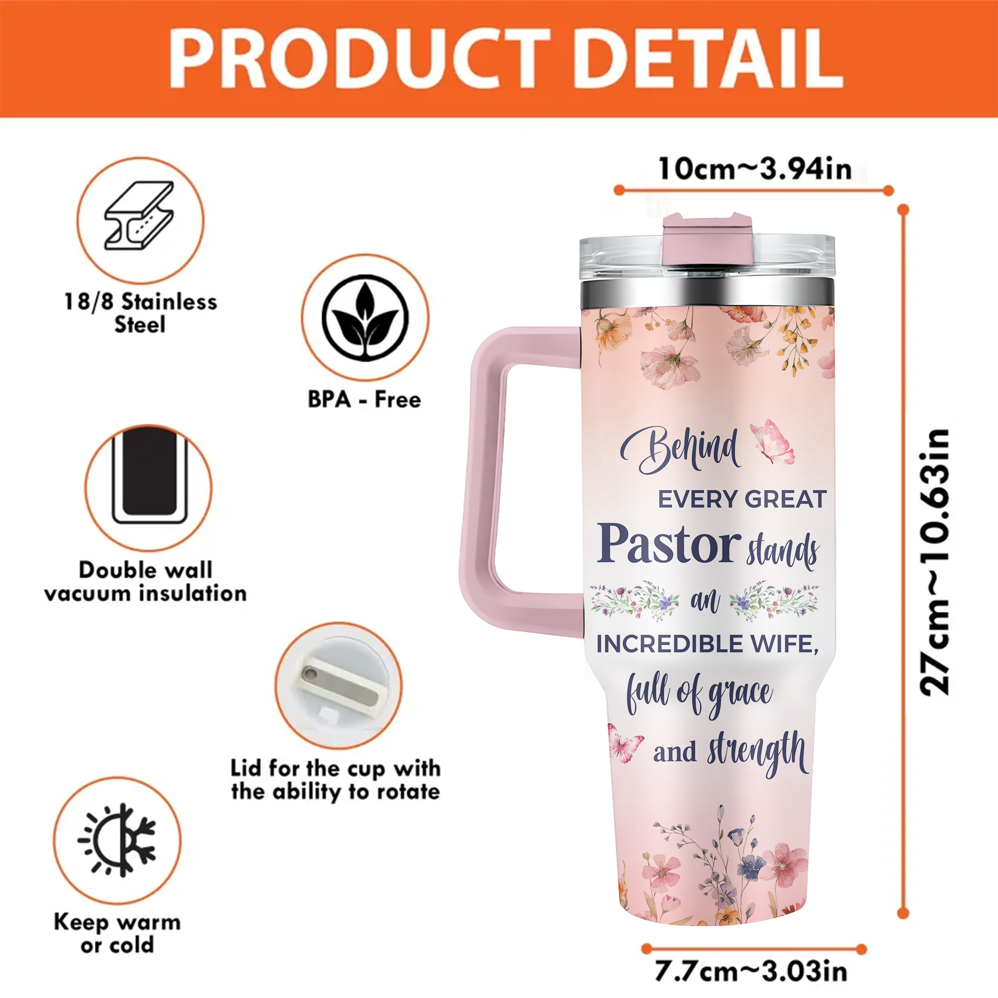 Full Of Grace Pastor Wife Personalized 40 Oz Tumbler